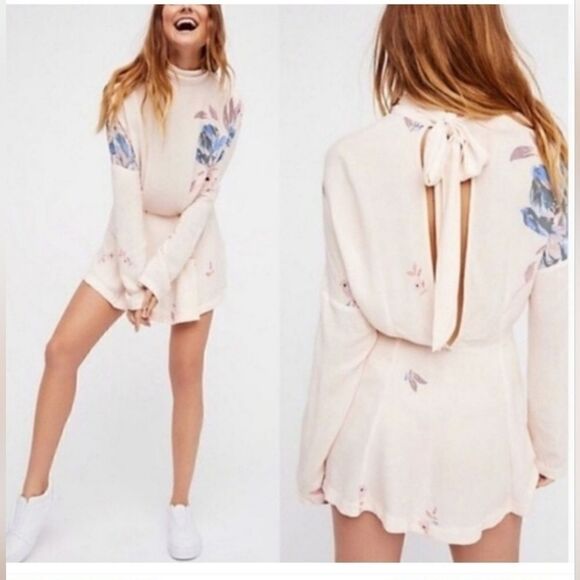New FREE PEOPLE S Gemma Watercolor Floral Choker Neck Open Back Tunic Mini Dress - Picture 1 of 5